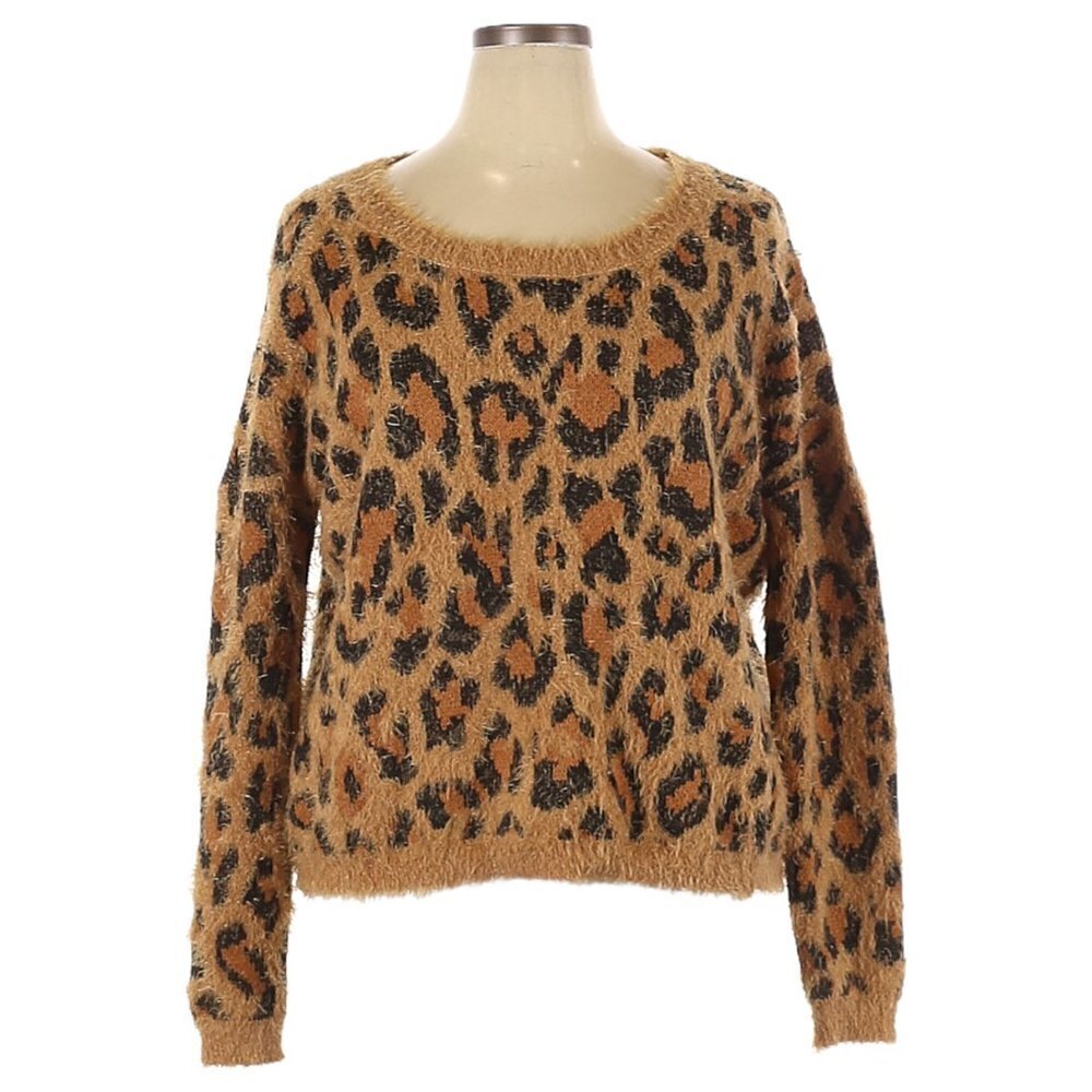 Wonderly Fuzzy Eyelash Knit Tan Leopard Print Pullover Sweater Size XL NWT